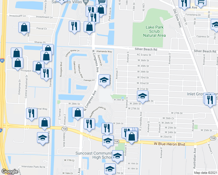 map of restaurants, bars, coffee shops, grocery stores, and more near 1712 Carvelle Drive in Riviera Beach