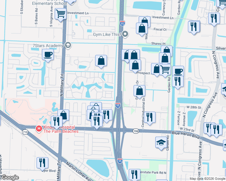 map of restaurants, bars, coffee shops, grocery stores, and more near 2013 Sugar Maple Drive in Riviera Beach