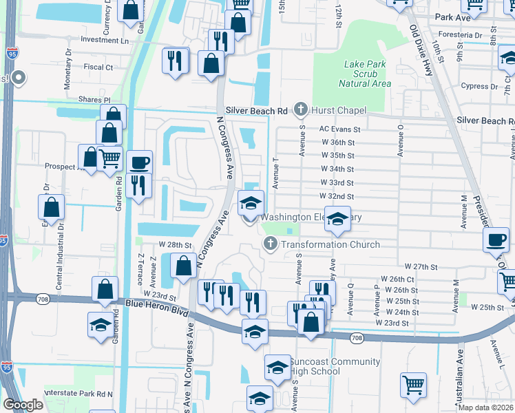 map of restaurants, bars, coffee shops, grocery stores, and more near 1712 Carvelle Drive in Riviera Beach