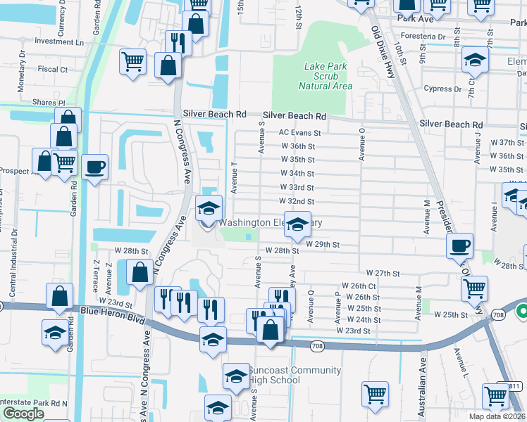 map of restaurants, bars, coffee shops, grocery stores, and more near 3100 Avenue S in West Palm Beach