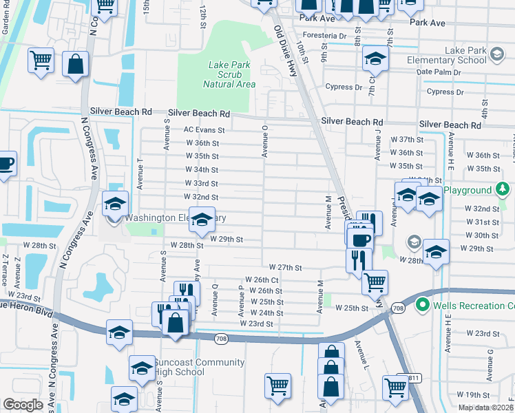 map of restaurants, bars, coffee shops, grocery stores, and more near 1308 West 31st Street in West Palm Beach