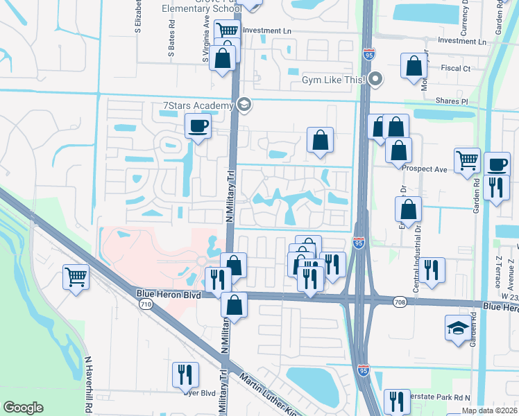 map of restaurants, bars, coffee shops, grocery stores, and more near 7600 Woods Edge Circle in Riviera Beach