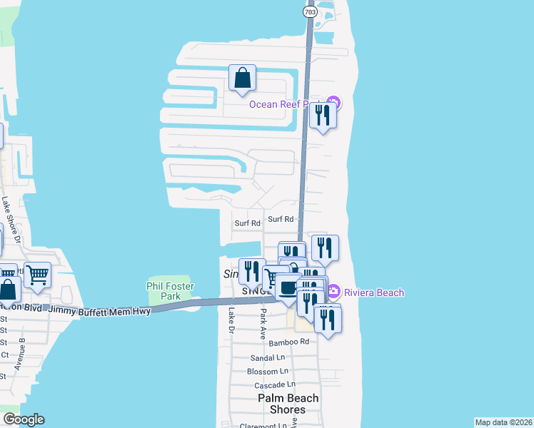map of restaurants, bars, coffee shops, grocery stores, and more near 1200 Surf Road in West Palm Beach