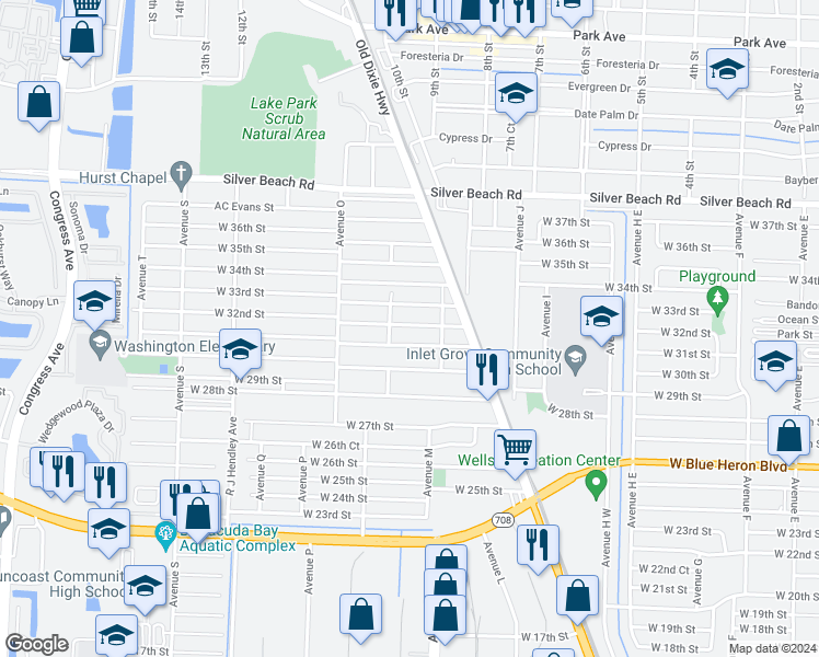 map of restaurants, bars, coffee shops, grocery stores, and more near 1156 West 32nd Street in West Palm Beach