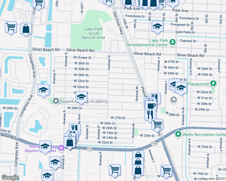 map of restaurants, bars, coffee shops, grocery stores, and more near 1265 West 32nd Street in Riviera Beach