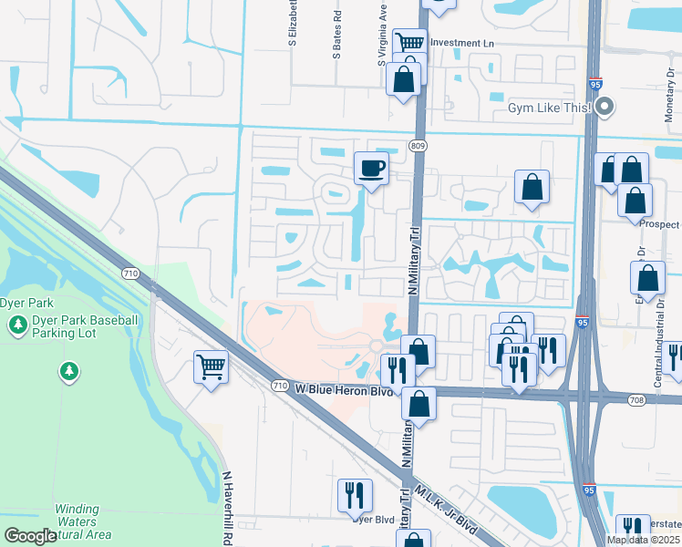 map of restaurants, bars, coffee shops, grocery stores, and more near 1131 Via Jardin in Riviera Beach