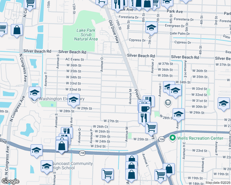 map of restaurants, bars, coffee shops, grocery stores, and more near 1225 West 32nd Street in Riviera Beach