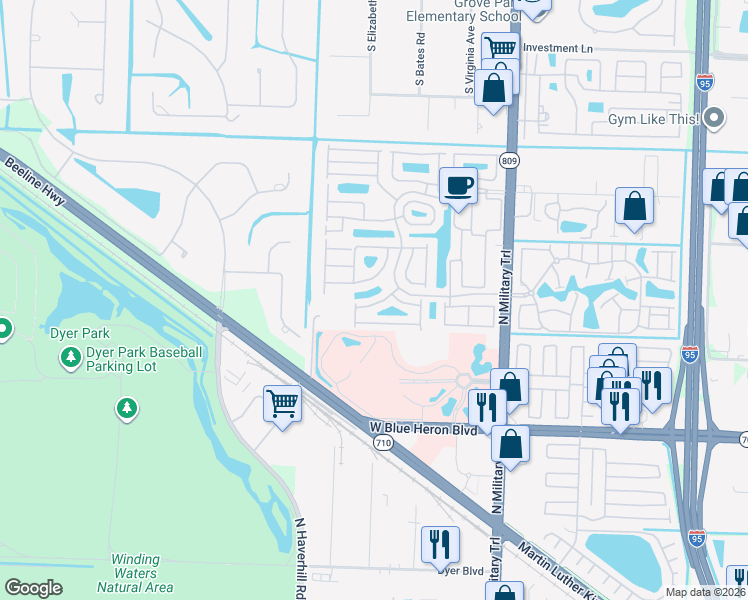 map of restaurants, bars, coffee shops, grocery stores, and more near 1162 Via Jardin in Riviera Beach