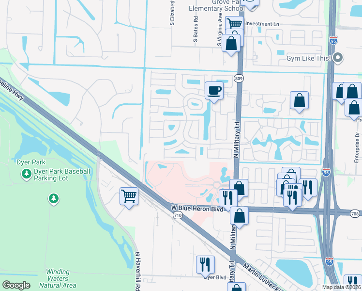 map of restaurants, bars, coffee shops, grocery stores, and more near 1162 Via Jardin in Riviera Beach