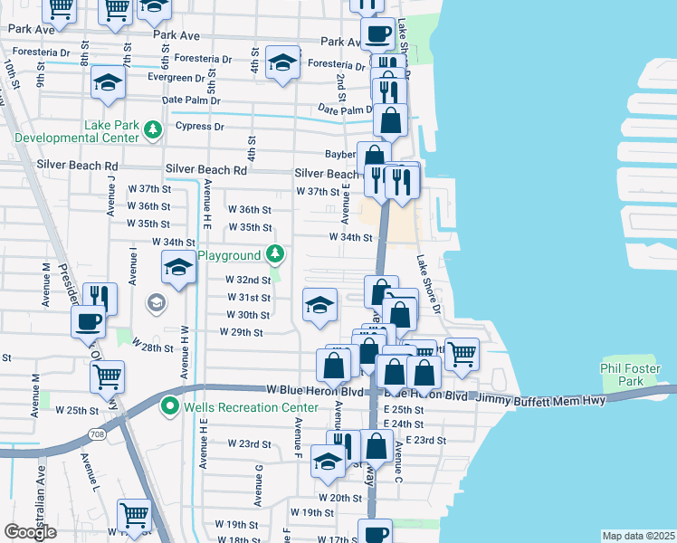 map of restaurants, bars, coffee shops, grocery stores, and more near 18 Ocean Street in Riviera Beach