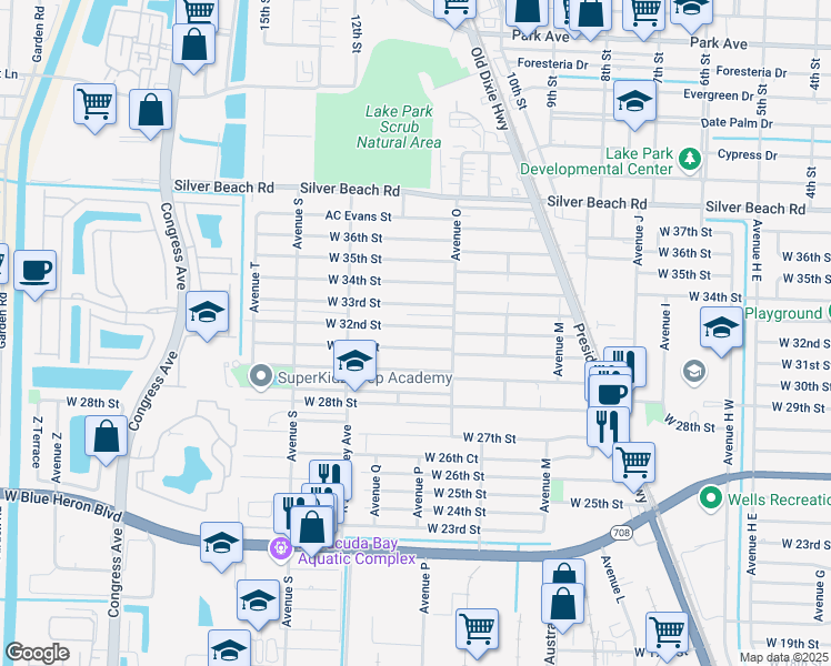 map of restaurants, bars, coffee shops, grocery stores, and more near 1373 West 32nd Street in West Palm Beach