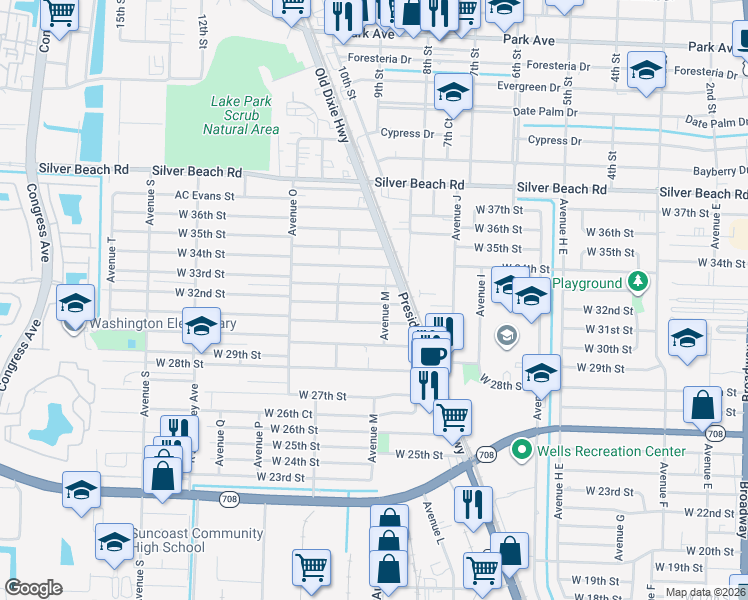 map of restaurants, bars, coffee shops, grocery stores, and more near 1156 West 32nd Street in West Palm Beach