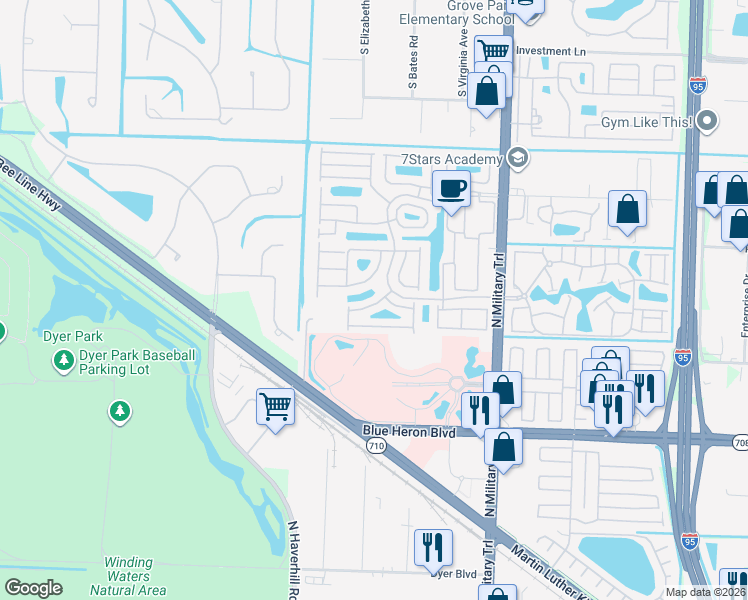 map of restaurants, bars, coffee shops, grocery stores, and more near 1162 Via Jardin in Riviera Beach