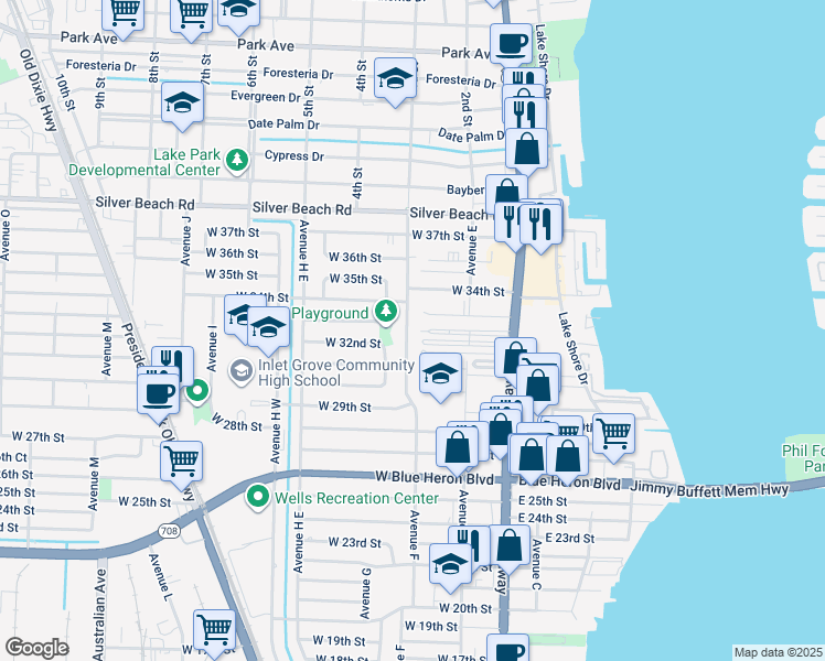 map of restaurants, bars, coffee shops, grocery stores, and more near 3240 Avenue F in West Palm Beach