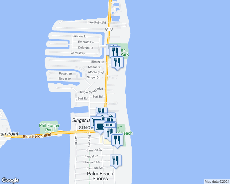 map of restaurants, bars, coffee shops, grocery stores, and more near 3200 North Ocean Drive in Riviera Beach