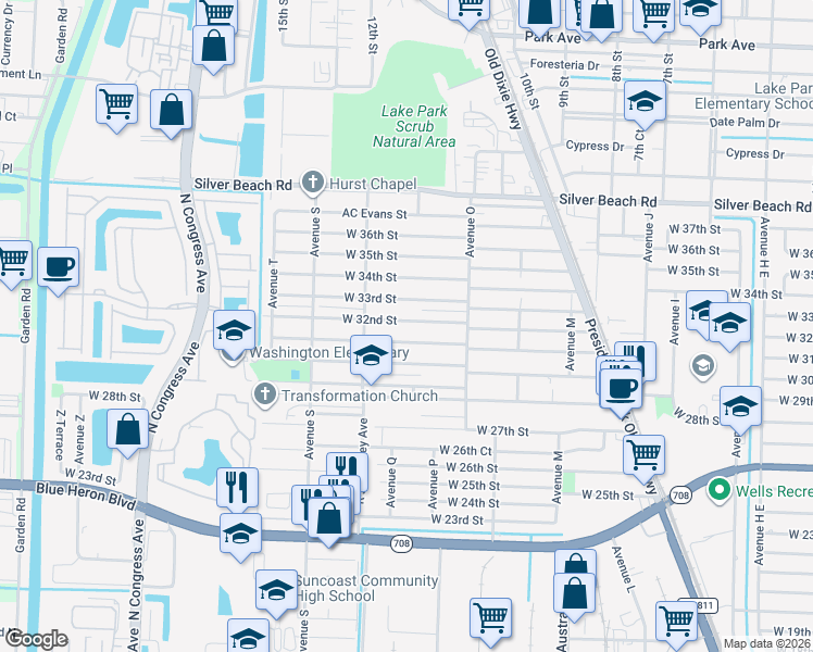 map of restaurants, bars, coffee shops, grocery stores, and more near 1417 West 32nd Street in Riviera Beach