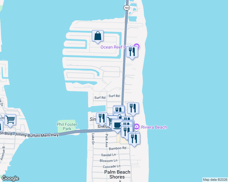 map of restaurants, bars, coffee shops, grocery stores, and more near 1250 Sugar Sands Boulevard in Riviera Beach
