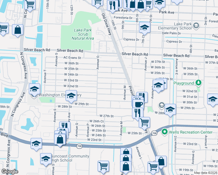 map of restaurants, bars, coffee shops, grocery stores, and more near 1208 West 32nd Street in West Palm Beach