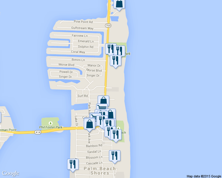 map of restaurants, bars, coffee shops, grocery stores, and more near 3200 North Ocean Drive in West Palm Beach