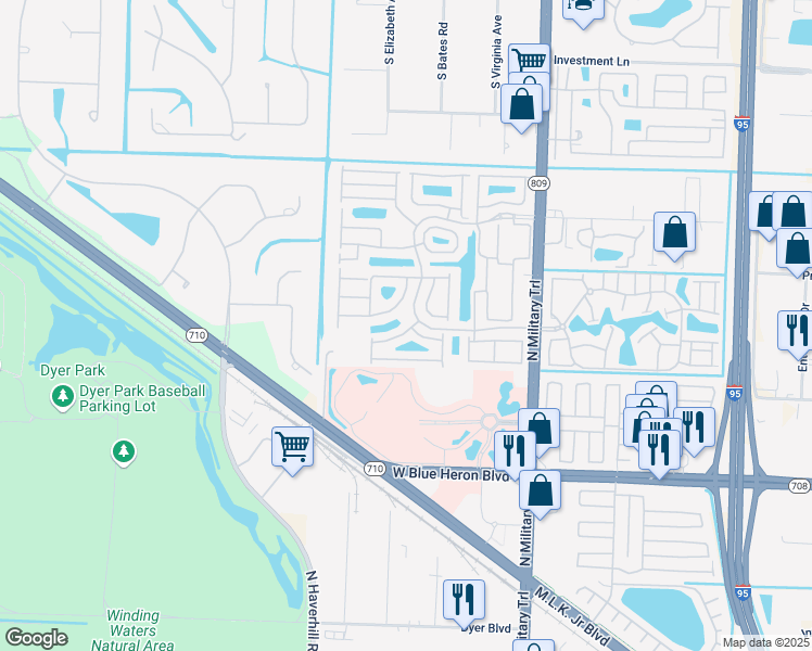 map of restaurants, bars, coffee shops, grocery stores, and more near 1001 Via Jardin in Riviera Beach