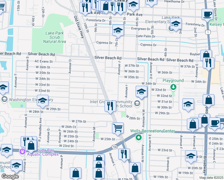 map of restaurants, bars, coffee shops, grocery stores, and more near 3211 Avenue J in West Palm Beach