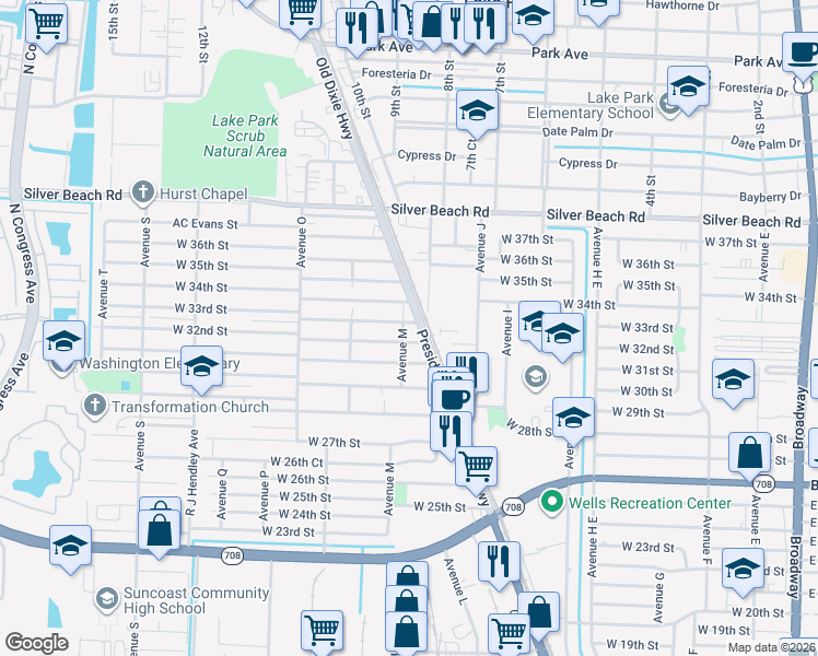map of restaurants, bars, coffee shops, grocery stores, and more near 1020 West 32nd Street in West Palm Beach