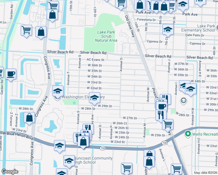 map of restaurants, bars, coffee shops, grocery stores, and more near 1380 West 32nd Street in West Palm Beach