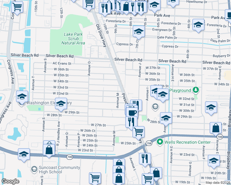 map of restaurants, bars, coffee shops, grocery stores, and more near 1109 West 33rd Street in West Palm Beach