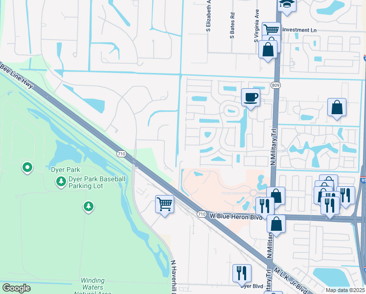 map of restaurants, bars, coffee shops, grocery stores, and more near 5151 Elpine Way in West Palm Beach