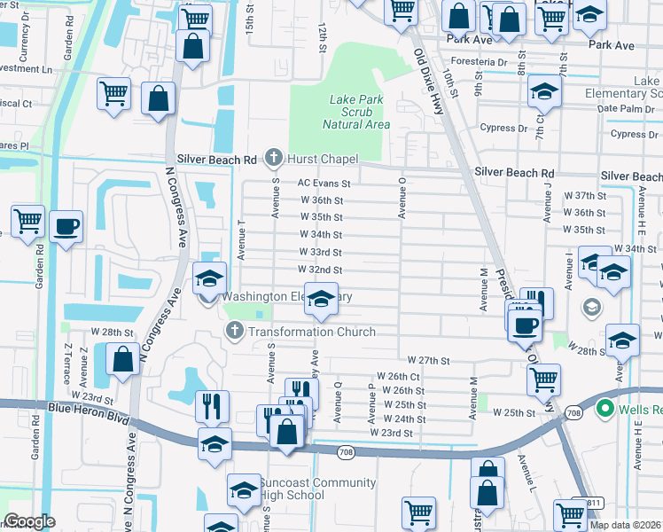 map of restaurants, bars, coffee shops, grocery stores, and more near 1464 West 32nd Street in West Palm Beach