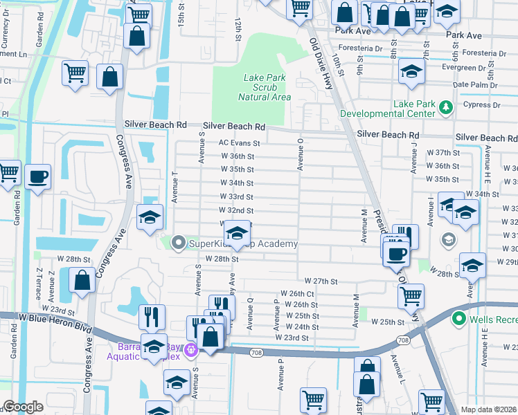 map of restaurants, bars, coffee shops, grocery stores, and more near 1416 West 32nd Street in Riviera Beach