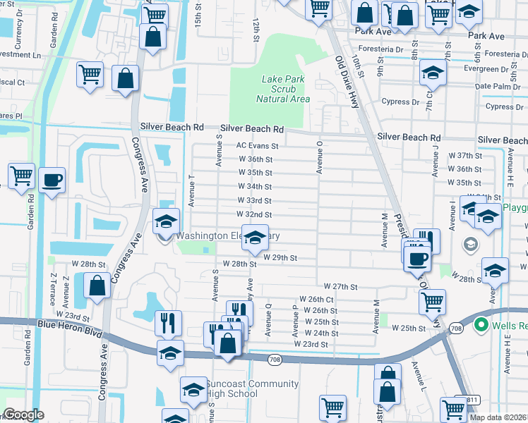 map of restaurants, bars, coffee shops, grocery stores, and more near 1449 West 32nd Street in West Palm Beach