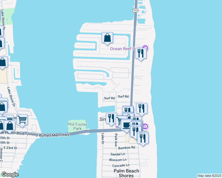 map of restaurants, bars, coffee shops, grocery stores, and more near 1100 Surf Road in West Palm Beach