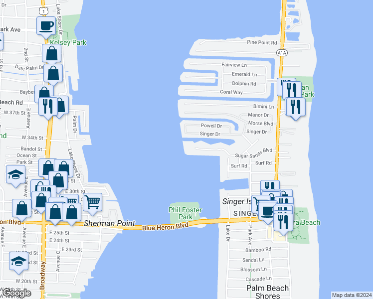 map of restaurants, bars, coffee shops, grocery stores, and more near 1025 Sugar Sands Boulevard in West Palm Beach