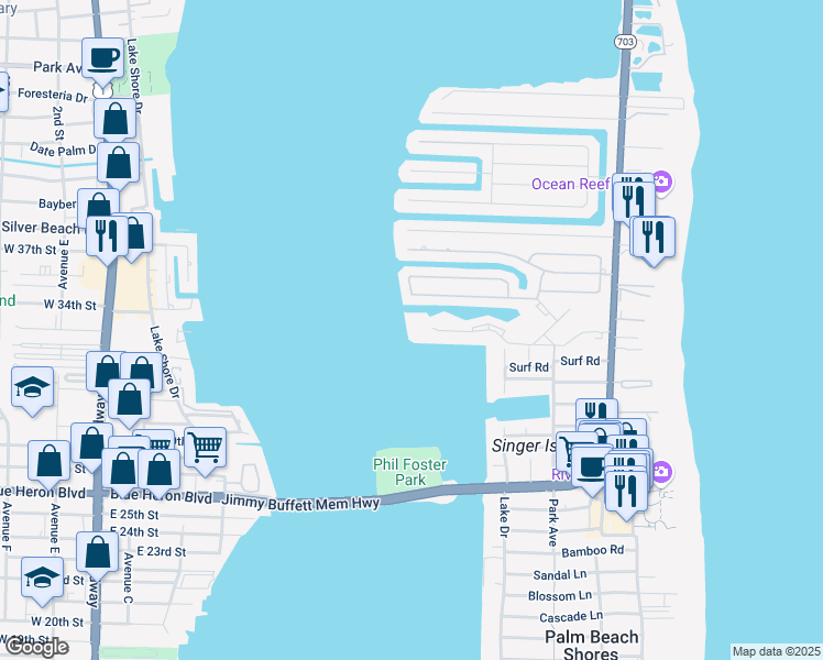 map of restaurants, bars, coffee shops, grocery stores, and more near 1025 Sugar Sands Boulevard in West Palm Beach