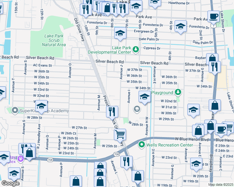 map of restaurants, bars, coffee shops, grocery stores, and more near 3211 Avenue J in West Palm Beach