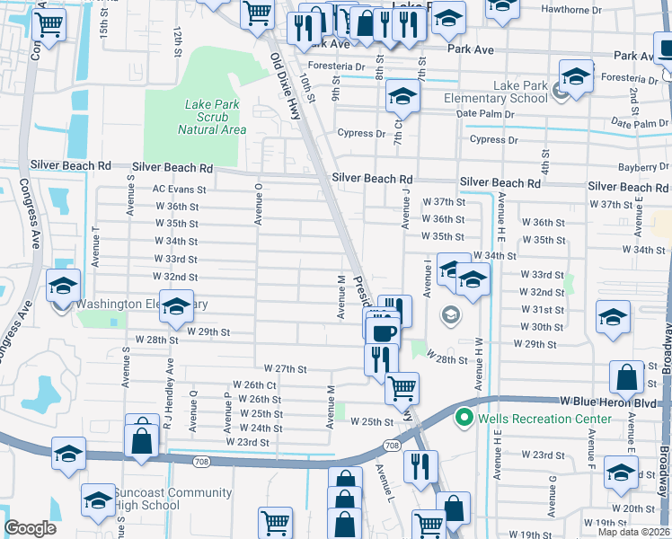 map of restaurants, bars, coffee shops, grocery stores, and more near 1108 West 33rd Street in Riviera Beach