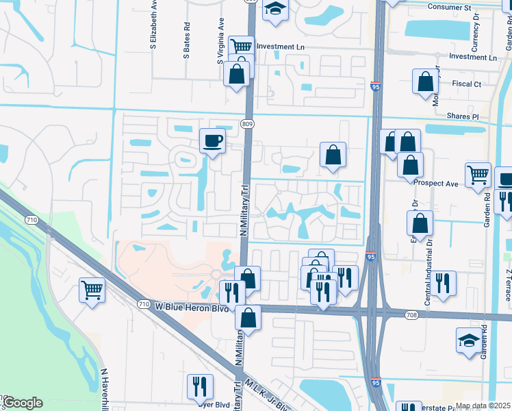 map of restaurants, bars, coffee shops, grocery stores, and more near 7600 Woods Edge Circle in Riviera Beach