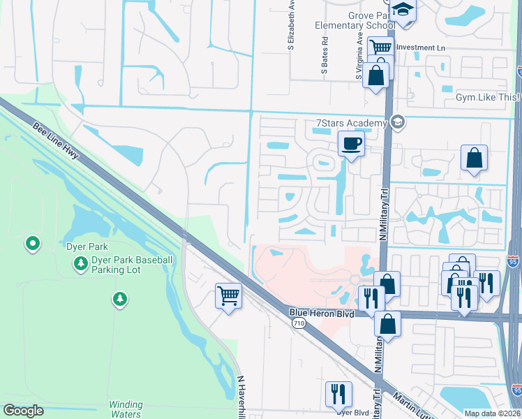 map of restaurants, bars, coffee shops, grocery stores, and more near 5151 Elpine Way in Palm Beach Gardens