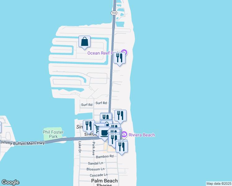 map of restaurants, bars, coffee shops, grocery stores, and more near 3200 North Ocean Drive in Riviera Beach