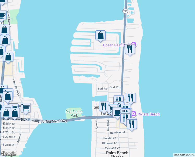 map of restaurants, bars, coffee shops, grocery stores, and more near 1161 Singer Drive in Riviera Beach