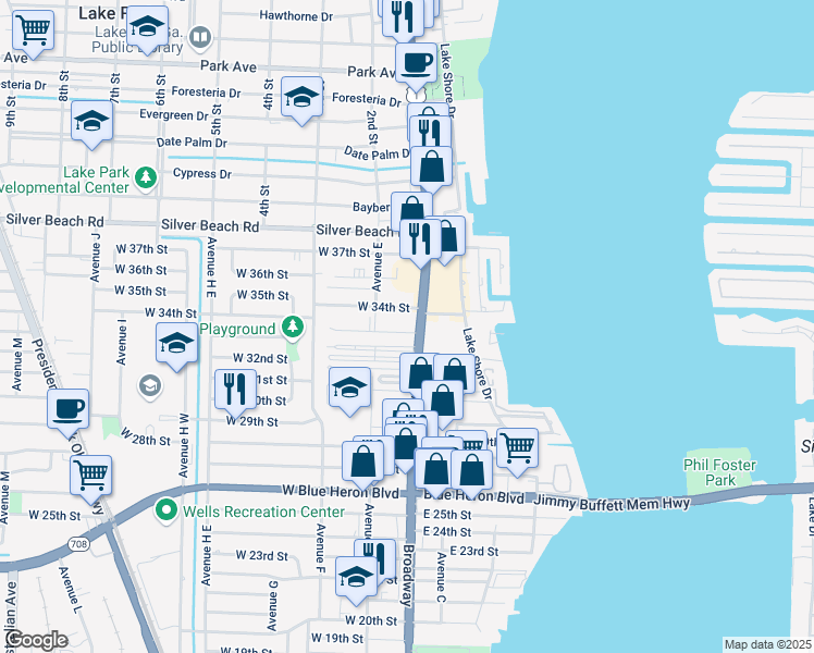 map of restaurants, bars, coffee shops, grocery stores, and more near 27 West 34th Street in Riviera Beach