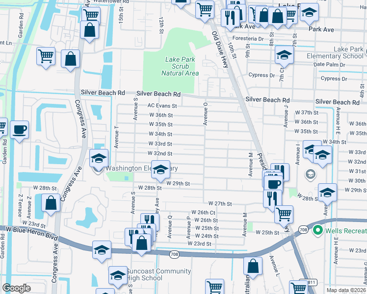 map of restaurants, bars, coffee shops, grocery stores, and more near 1373 West 34th Street in West Palm Beach