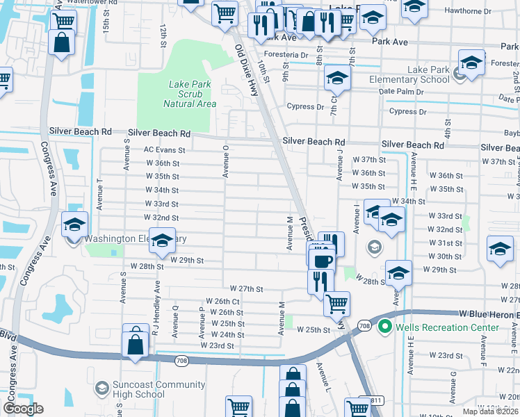 map of restaurants, bars, coffee shops, grocery stores, and more near 1156 West 34th Street in West Palm Beach