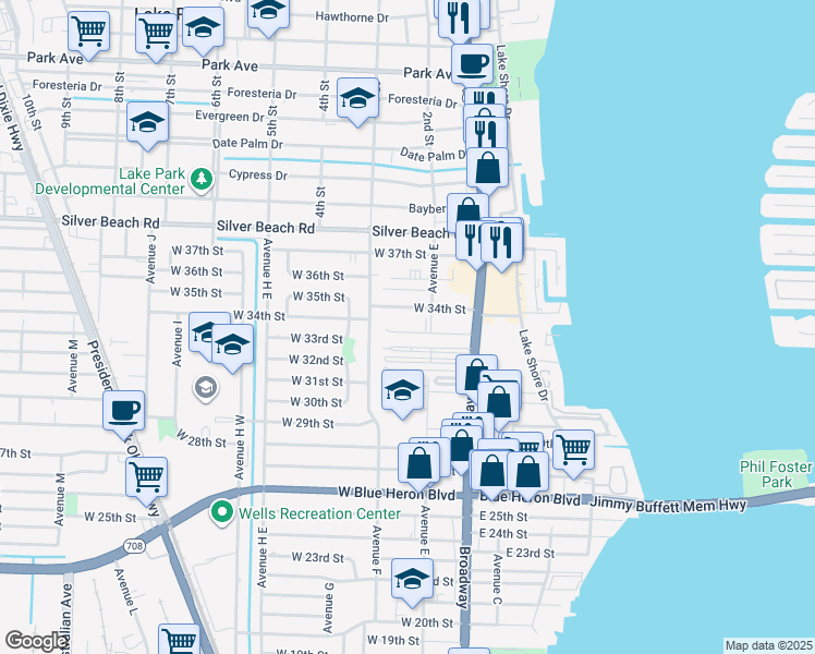map of restaurants, bars, coffee shops, grocery stores, and more near 101 West 34th Street in West Palm Beach
