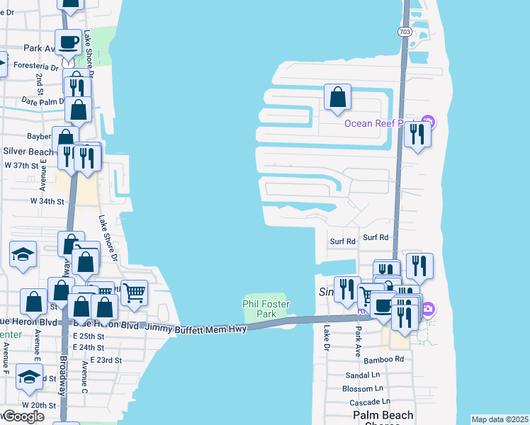map of restaurants, bars, coffee shops, grocery stores, and more near 1021 Singer Drive in West Palm Beach