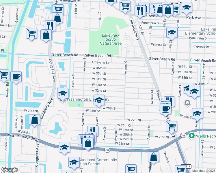 map of restaurants, bars, coffee shops, grocery stores, and more near 1417 West 33rd Street in West Palm Beach