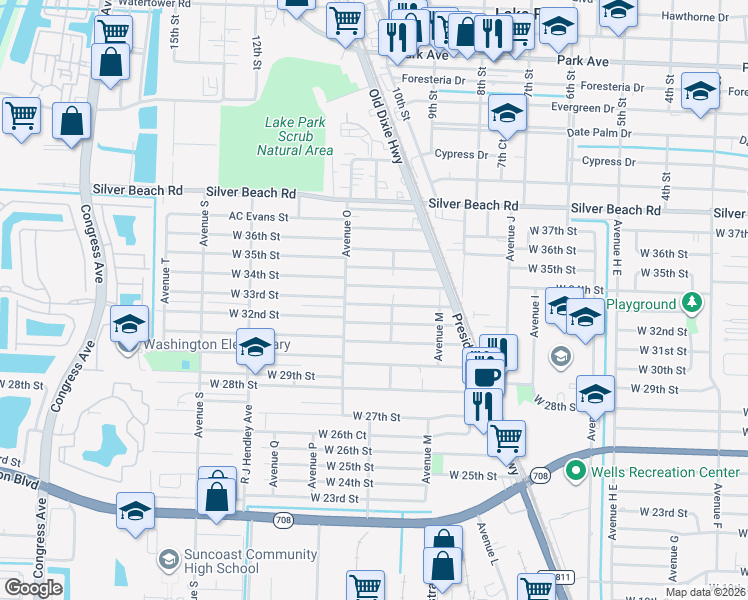 map of restaurants, bars, coffee shops, grocery stores, and more near 1232 West 34th Street in West Palm Beach