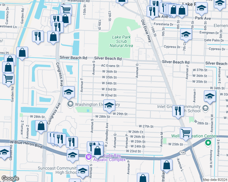 map of restaurants, bars, coffee shops, grocery stores, and more near 1451 West 33rd Street in Riviera Beach