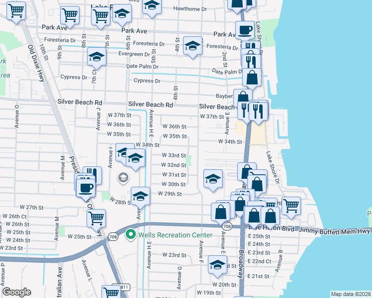 map of restaurants, bars, coffee shops, grocery stores, and more near 350 West 35th Street in Riviera Beach